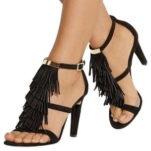 Black Suede Daniella Fringe Strap Heels Chloé